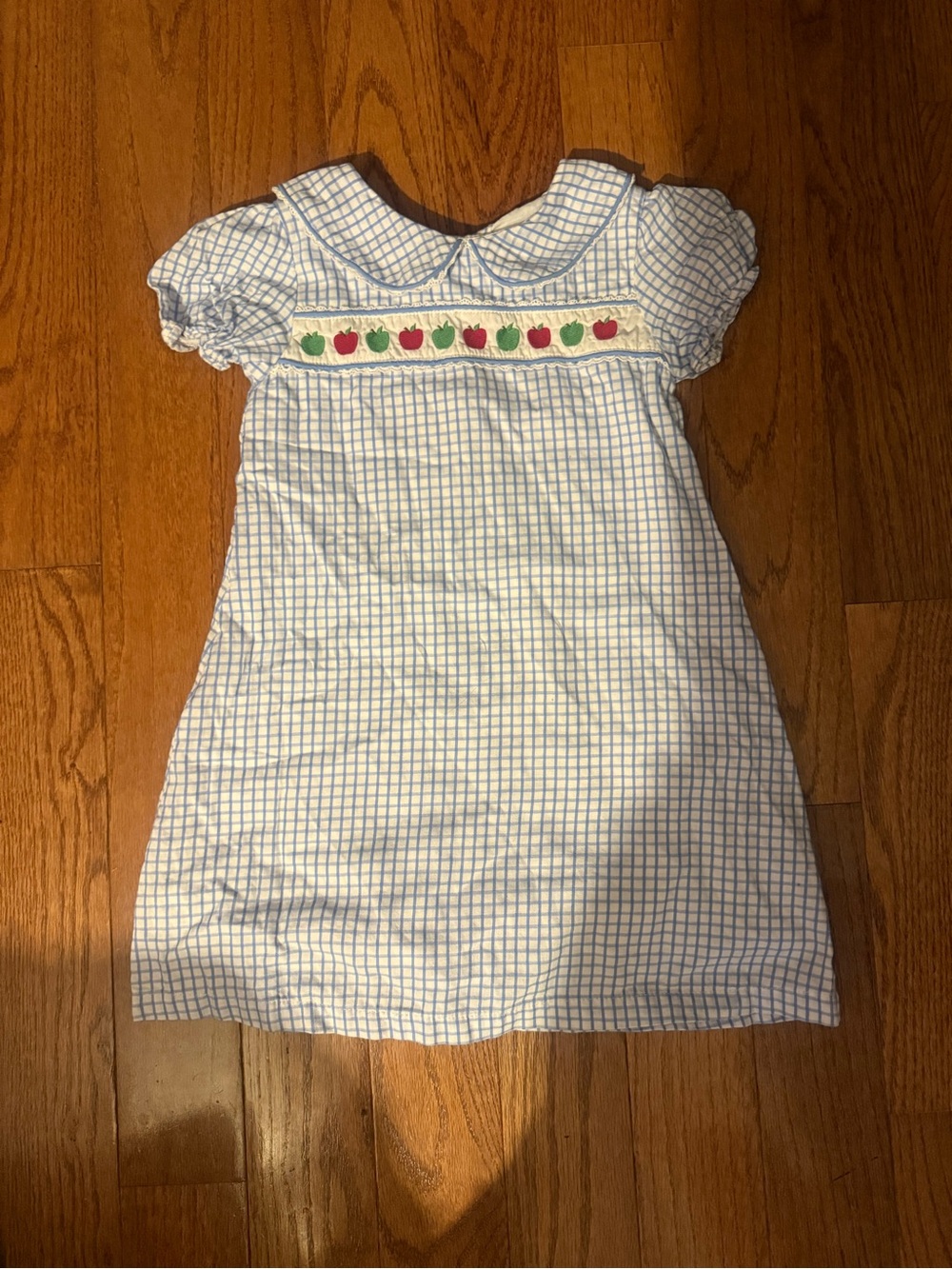 Blue Gingham Smocked Kids Dress with Apple Embroidery